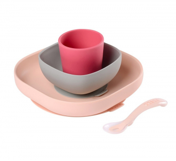 Béaba Set de Vaisselle Silicone Repas Bébé avec Ventouse Rose