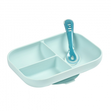 Béaba Assiette Silicone Compartimentée avec Ventouse + Cuillère Bleu