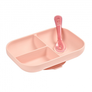 Béaba Assiette Silicone Compartimentée avec Ventouse + Cuillère Rose