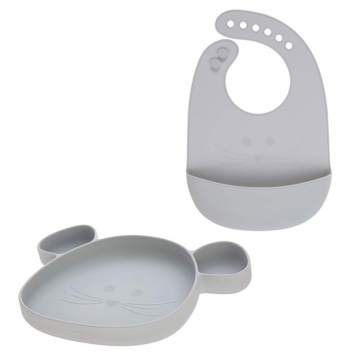 Lässig Assiette Ventouse Silicone + Bavoir Gris