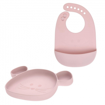 Lässig Assiette Ventouse Silicone + Bavoir Rose