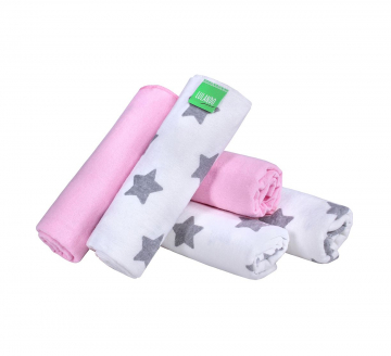 Lulando Babydeken Flannel Squares 5 Pack Gray Stars Pink - 70 cm x 80 cm