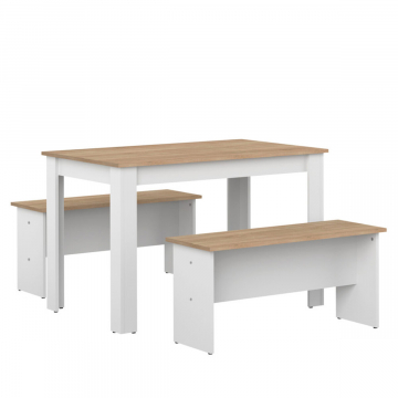 Interia Table de Salle à Manger avec 2 Bancs Nova Blanc - Chêne