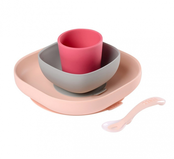Beaba Set Repas Bebe Silicone Avec Ventouse Rose Zesso Vaisselle Et Couverts Pour Bebe Et Enfant